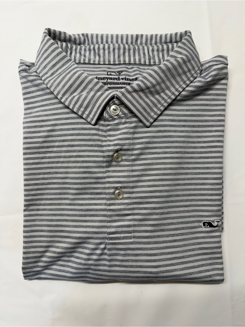 Vineyard Vines Men’s Gray and White Striped Performance Polo